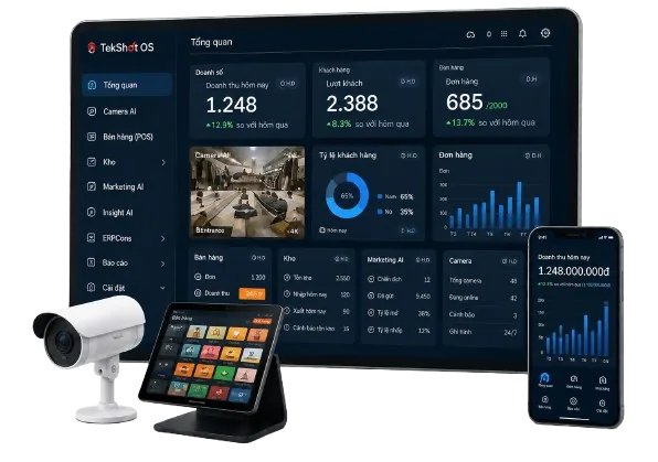 Màn hình tổng quan TekShot OS trên máy tính và điện thoại